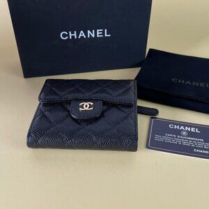 Chanel Flap Compact 3 Folded Wallet Quilted Caviar Black Card Holder